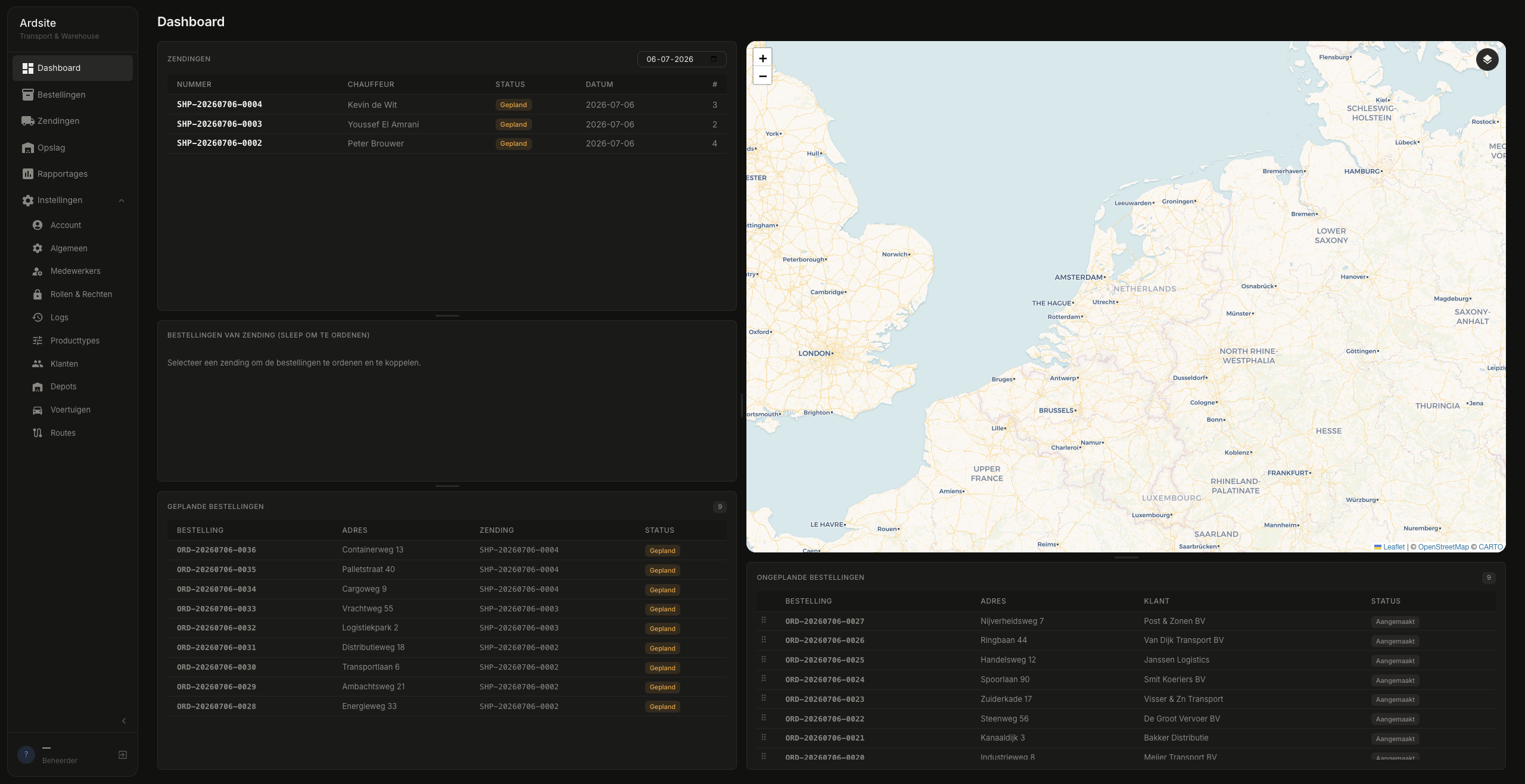 Ardsite dashboard — realtime overzicht van zendingen en depot